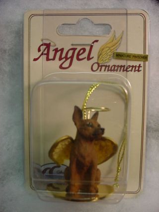 Min Pin Red Brown Dog Angel Ornament Hand Painted Figurine Miniature Pinscher
