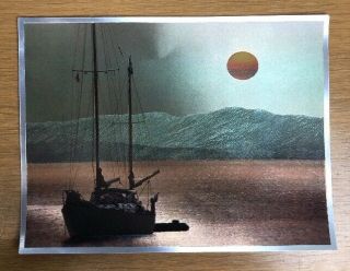 Vintage Dufex Foil Art Print Sailboat Sunset Mountain Lake Made In England