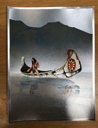 Vintage Dufex Foil Art Print Native American In Canoe Fishing Made In England