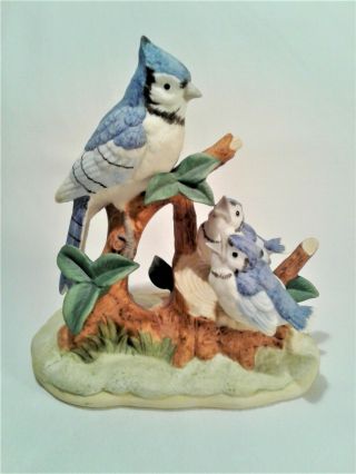 George Good Porcelain Bisque Blue Jay With Baby Birds Figurine