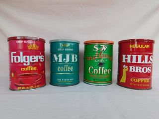 Coffee Cans By Folgers,  Mjb,  S & W,  Hills Brothers,  Four One - Pound Tall Cans