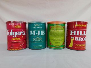 Coffee Cans by Folgers,  MJB,  S & W,  Hills Brothers,  Four One - Pound Tall Cans 3