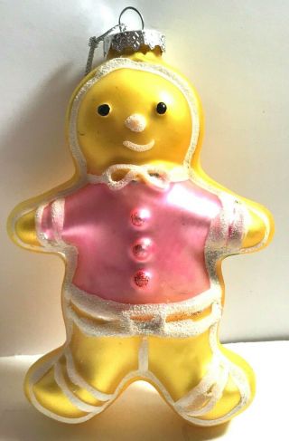 5 " Vintage Blown Glass Gingerbread Man Girl With Pink Shirt Christmas Ornament