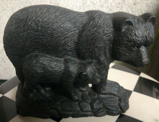 Vintage Heavy Cast Iron Mother Black Bear And Cub Doorstop Bookend