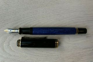 Pelikan Souveran Fountain Pen 14k M Blue Stripe Gold Trim