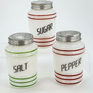 Vintage White Milk Glass Salt Pepper Sugar Shaker Red Green Retro W Aluminum Cap