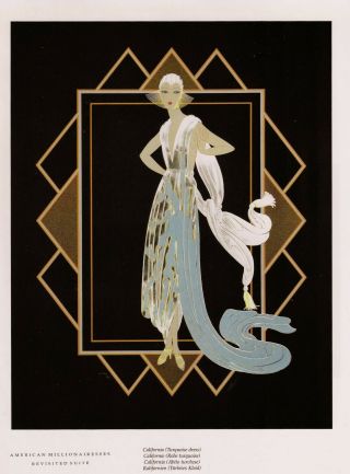 Classic Erte Art Deco Book Print " California " Blond Lady In Turquoise Dress