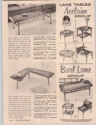 1961 Paper Ad Mid Century Modern Furniture Lane Table Burl Boomerang Table Lamp