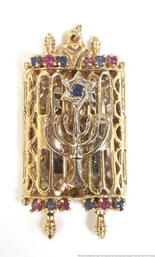 Vintage 14k Gold Ruby Sapphire Torah Menorah Star Of David Opening Pendant