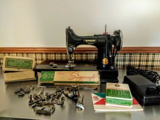 Vintage Singer 221 Featherweight Sewing Machine,  Case,  Attachments Great