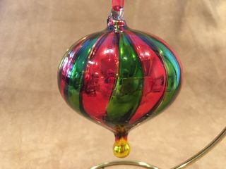 Hand Crafted Swirls Art Glass Ball W/finial Ornament Red Green Gold Lovely