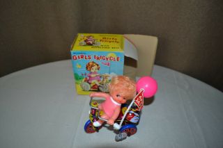 Mechanical Girls Tricycle Wind Up Tin Litho Toy