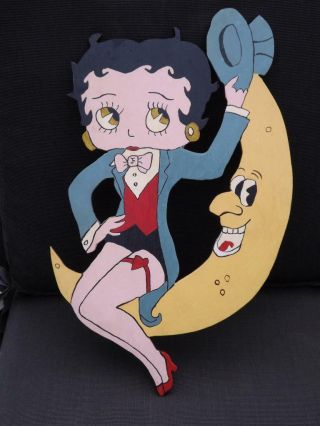 Vintage Betty Boop Hand Crafted Wooden Wall Plaque Sitting On The Moon