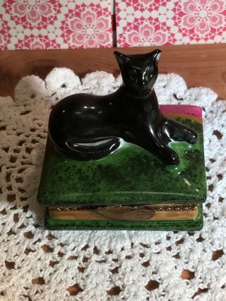 PEINT MAIN LIMOGE CAT KITTEN Black Cat On Book TRINKET BOX HINGED BOX 2