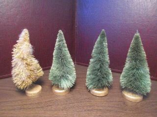 Vintage Bottle Brush Christmas Trees - 1 Gold - 3 Green - Japan - Wooden Base