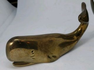 VINTAGE 2 WHALE SHAPED FIGURINES PAPERWEIGHTS 4 ½” ART AND 3 ½” LONG SOLID BRASS 2