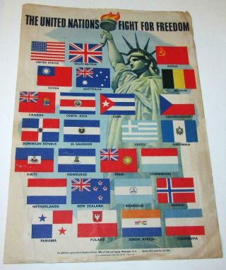 1942 World War Ii The United Nations Fight For Freedom Paper Poster 10x14 "