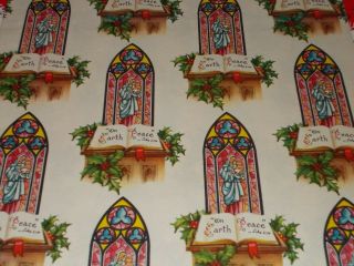 Vtg Christmas Wrapping Paper Gift Wrap 1950 Peace On Earth Church Window Nos