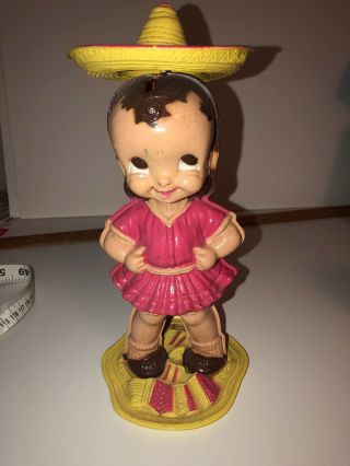 Vintage Wind Up 10” Celluloid Plastic Girl Doll Figurine In Sombrero