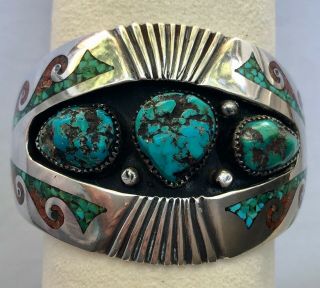 Tommy Singer Signed Cuff Bracelet Navajo Sterling Silver Turquoise Coral Vintage