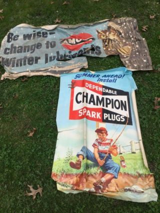 Vintage Amoco Cloth Advertising Banner Sign / Gas Oil Champion Spark Plug Poster