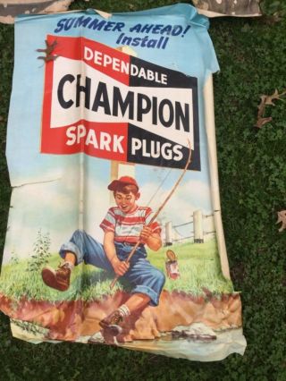 Vintage AMOCO Cloth Advertising Banner Sign / Gas Oil Champion Spark Plug Poster 2