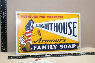 Vintage Lighthouse Family Soap Dealer Porcelain Metal Sign Gas Oil