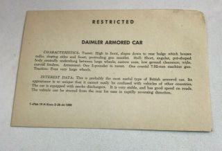 WWII WW2 US Army Air Force Photo Identificatin Card R154.  Diamler Armored Car,  War 2