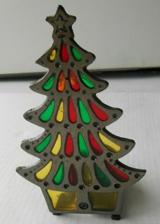 Vintage Cast Iron Stain Glass Candle Holder Christmas Tree