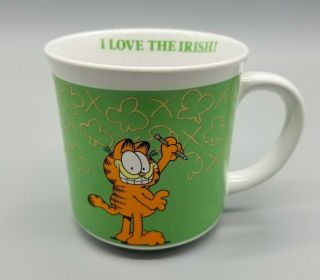Vintage Ceramic Garfield Mug 1978 I Love The Irish Green & White 4 Leaf Clover