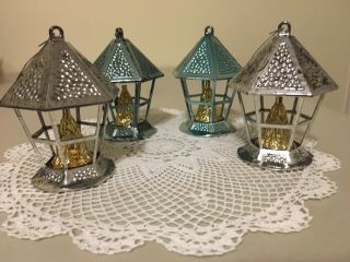 Vintage Bradford Plastic Christmas Tree Ornaments 4 Lanterns Silver Blue