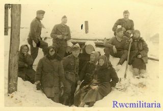 Ost - Front Wehrmacht Soldiers W/ Russian Peasant Girls In Winter By Bunker