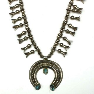 Vintage Navajo Sand Cast Sterling Silver Turquoise Squash Blossom Necklace 47g
