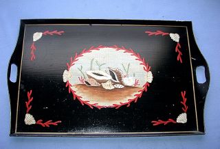 Vintage Very Large 26 " X 16 " Hand Painted Seashell Motif On Black Field Tin Tray
