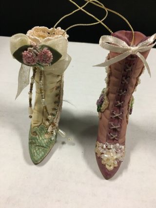 Vtg 2 Porcelain Victorian Style Heel Boot Christmas Tree Ornaments Lace Floral