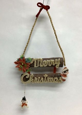 Vintage Merry Christmas Flocked Poinsettia Gold Glitter Wall Door Hanging Sign 2