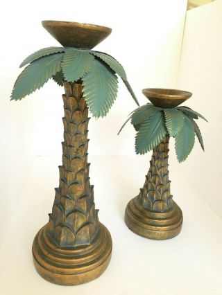 Tropical Wood,  Brass,  Metal Palm Tree Candle Stick Holders 16 " & 14 "