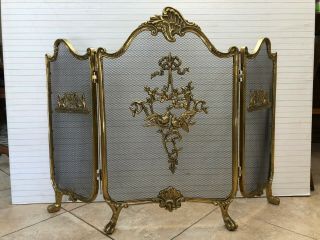 Vintage 3 Panel Solid Brass Fireplace Screen W/doves Birds,  30 " Tall,  41 " Wide