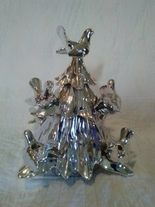 Fitz And Floyd Silver Christmas Tree With Birds Candleholder Centerpiece