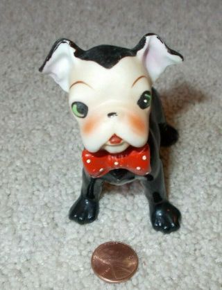 Vintage Japan French Bulldog Boston Terrier Porcelain Figurine Black W/ Red Bow