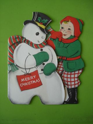 Vtg.  Norcross Christmas Card - Cute Boy Wdressed - Up Snowman - Die - Cut