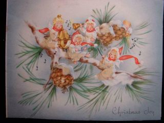 Vintage " Angels With Song In The Pine Tree " Christmas Greeting Card
