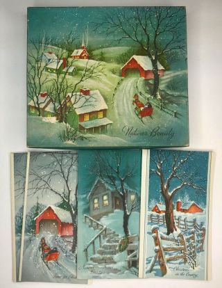 Box Of 4 Vintage Christmas Cards With Envelopes Winter Scene Snow Glitter