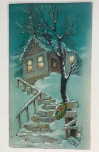 Box of 4 Vintage Christmas Cards with Envelopes Winter Scene Snow Glitter 2