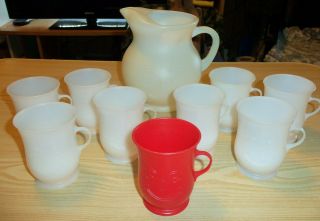 1979 Kool Aid Man Smiley Face 2 Qt Pitcher With 8 White And 1 Red Plastic Cups
