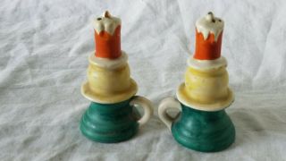 Vintage Ceramic Green - Yellow - Brown Candle Stick & Holder Salt And Pepper Shakers