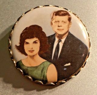 Vintage Jacqueline & John F Kennedy Ceramic Button Set In Metal,  Circa 1964,