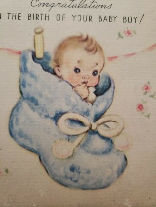 Vtg Rust Craft Greeting Card Cooper?congrats Baby Boy Blue Bootie Clothes Pin