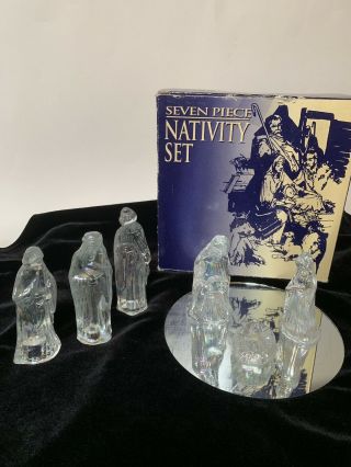 7 Piece Glass Nativity Christmas Scene Figure Mirror Base Set Vintage