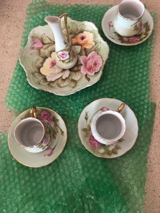 Small Tea Set Porcelain Vintage Pink Rose,  Pale Green Gold Trim 8 Piece